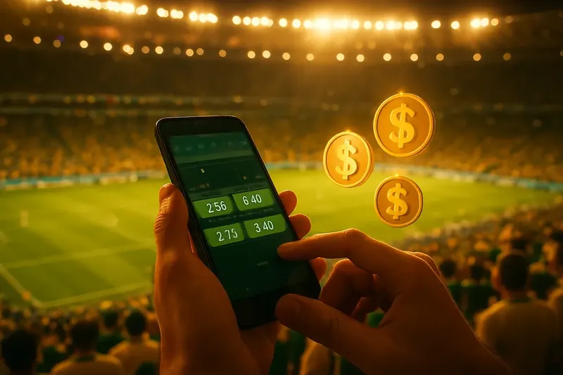 Mãos com smartphone e odds ao vivo no Maracanã lotado à noite