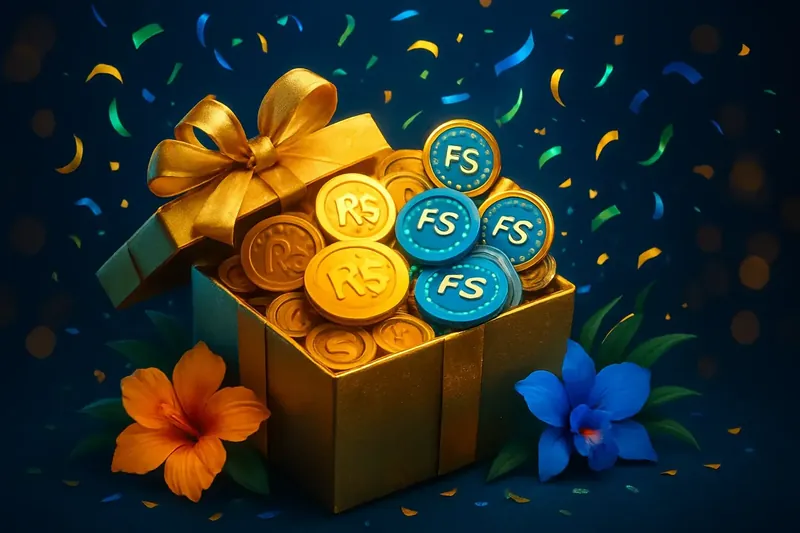 Caixa dourada com moedas de Real, fichas de giros grátis e confete