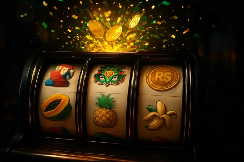 Caça-níqueis brasileiro com rolos coloridos, símbolos tropicais e jackpot explosivo