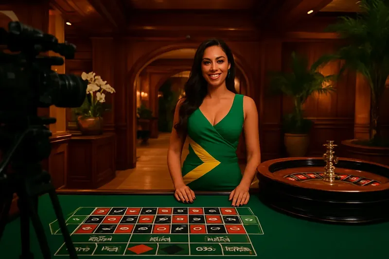 Estúdio de cassino ao vivo com dealer brasileira na roleta, luxo tropical