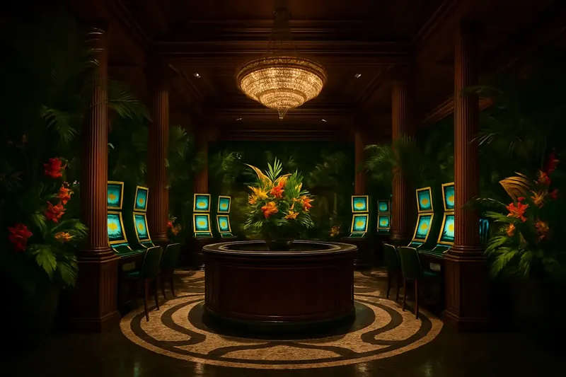 Lobby de cassino brasileiro com decoração tropical e telas de jogos iluminadas