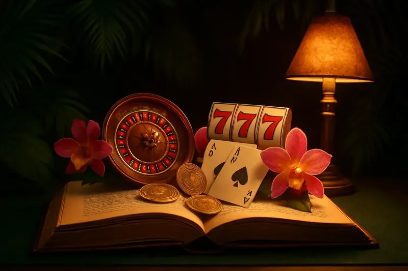 Livro aberto com roleta, caça-níqueis e cartas, moedas de real e orquídeas