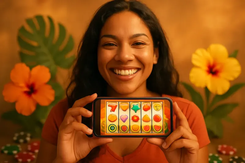 Jogador brasileiro segurando smartphone com caça-níquel online, flores tropicais e fichas