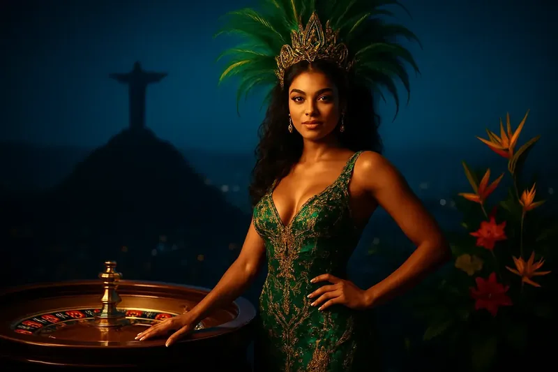 Mulher brasileira elegante ao lado da roleta com skyline do Rio ao fundo