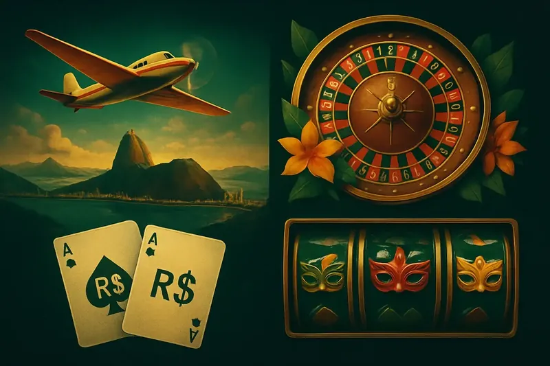 Colagem de jogos de cassino com Aviator, roleta, blackjack e slots no Rio